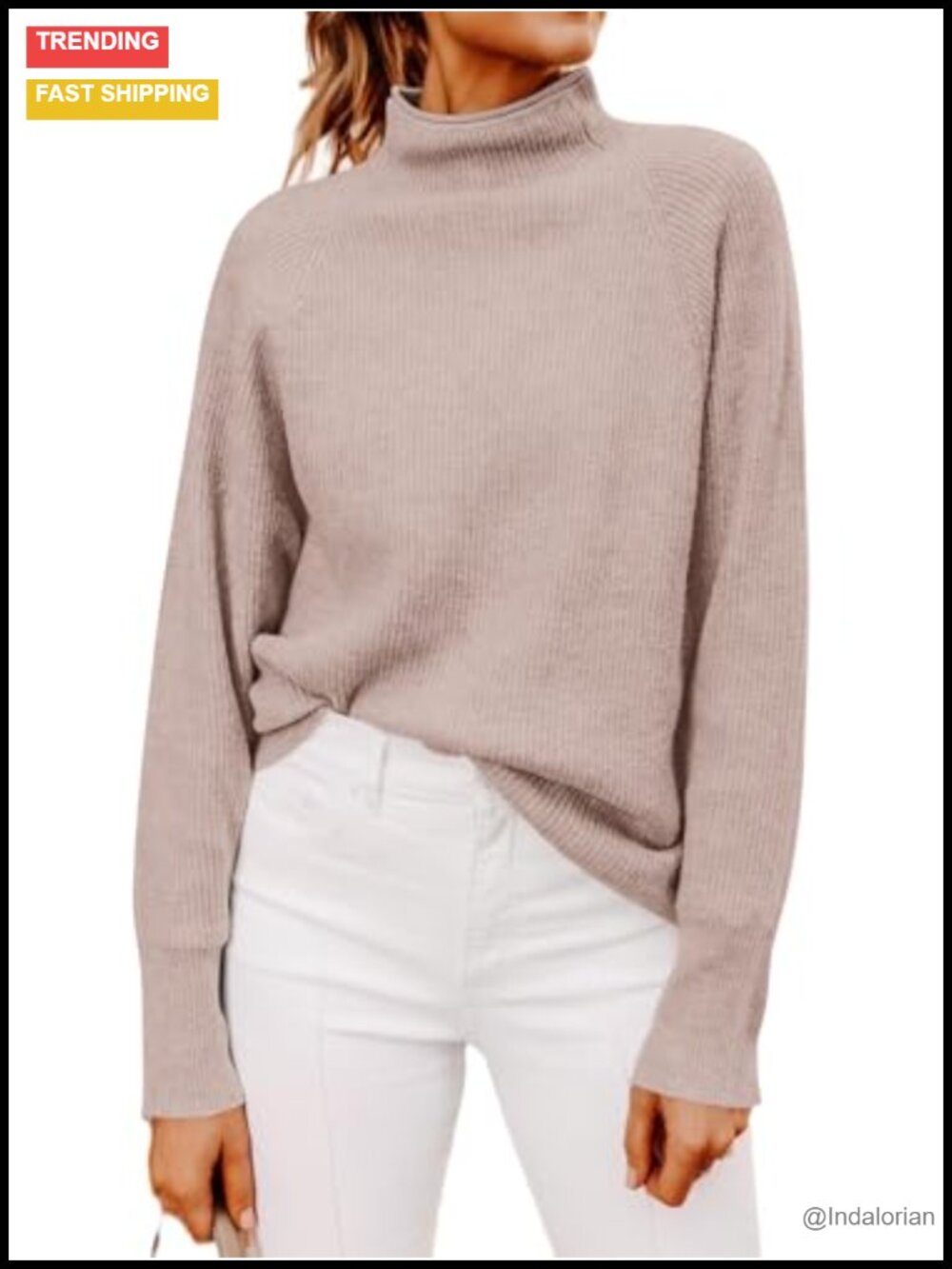 Womens Mock Neck Long Sleeve Ribbed Knit Pullover Sweater Loose Fit